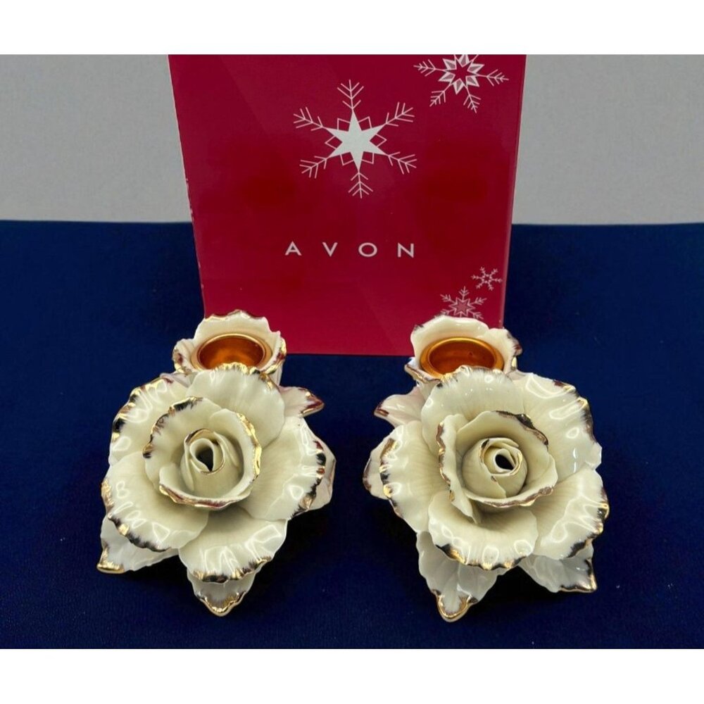 Avon Winter Rose Porcelain Candle Holders Vintage Christmas Rose Pair Gold Trim